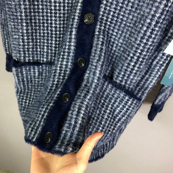 COURT & ROWE Women's Navy Houndstooth Eyelash Knit Cardigan Sweater Size XS - Picture 5 of 10